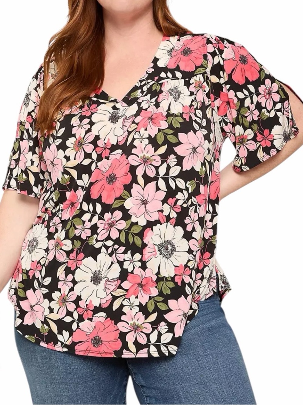 Lane Bryant Black with Pink Floral V‑Neck Short Sleeve Top 18/20